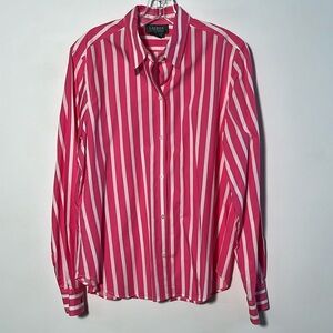 RALPH LAUREN Pink/White Stripe Cotton Embroidered Branded Button Down Blouse L